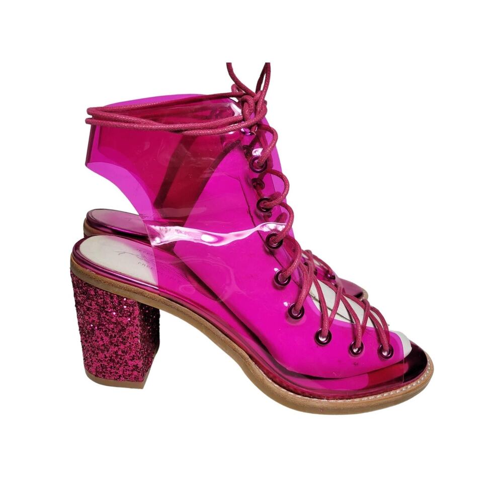 Free People Minimal Heels Pink Vinyl Jeffrey Campbell Lace Up Glitter Sparkle 8
